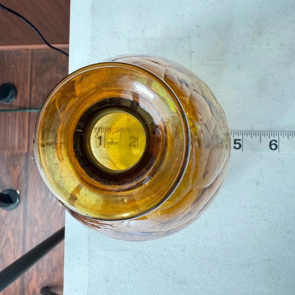 Vintage Amber Crackle Glass Vase Iridescent Hand Blown Round Bulbous Deco Vessel